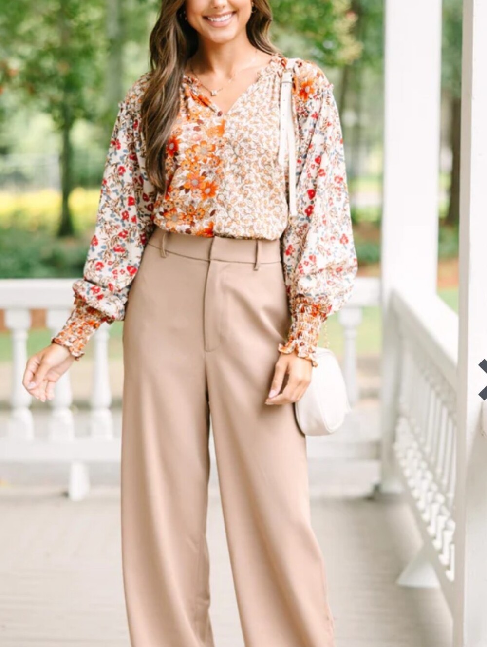 UMGEE Boho Floral Patchwork Peasant Blouse - Cream & Orange Longsleeve Large